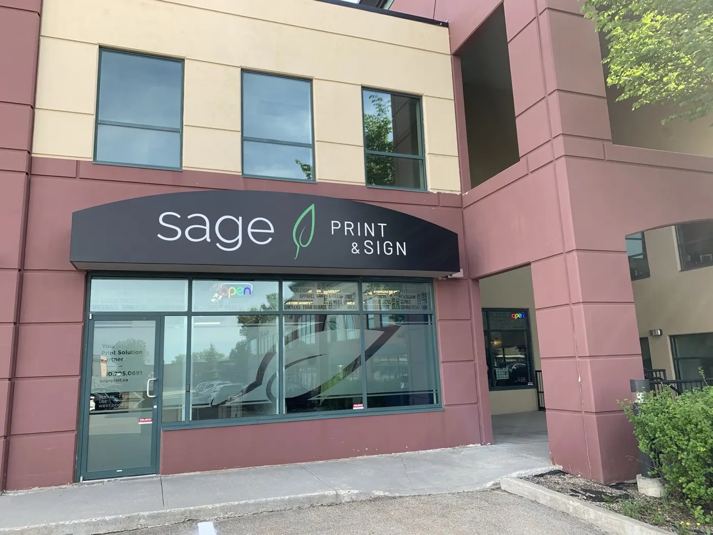 The real Sage Print & Sign storefront in Sherwood Park
